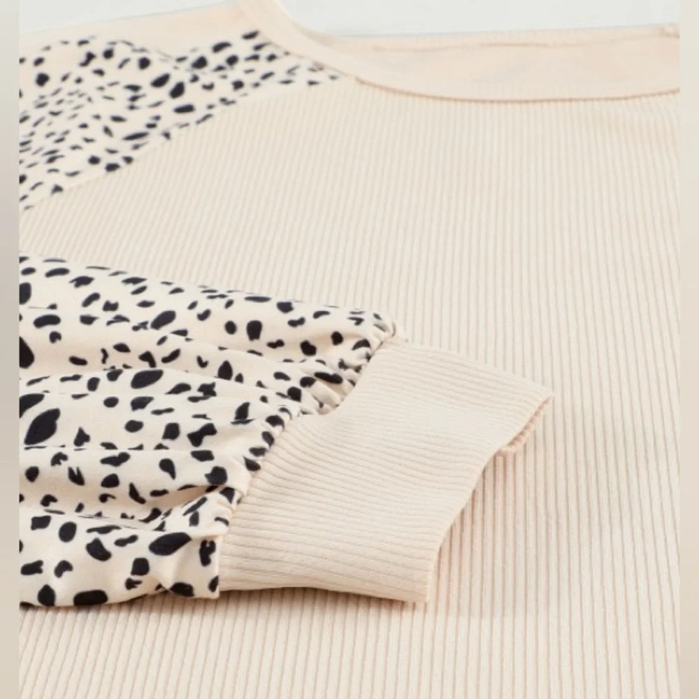 *Last One* Plus Size Cream Ribbed Top w/ Leopard Print Balloon Sleeves, 2X - Picture 6 of 14